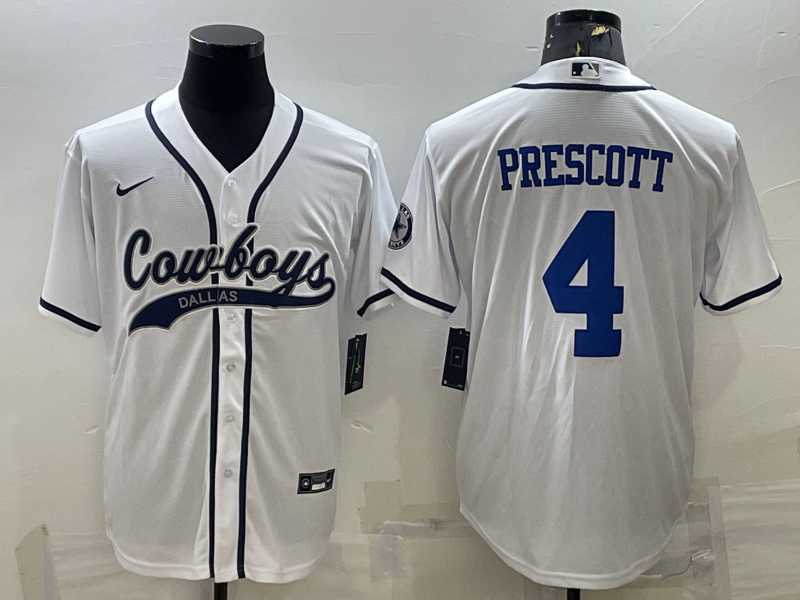 Men%27s Dallas Cowboys #4 Dak Prescott White With Patch Cool Base Stitched Baseball Jersey